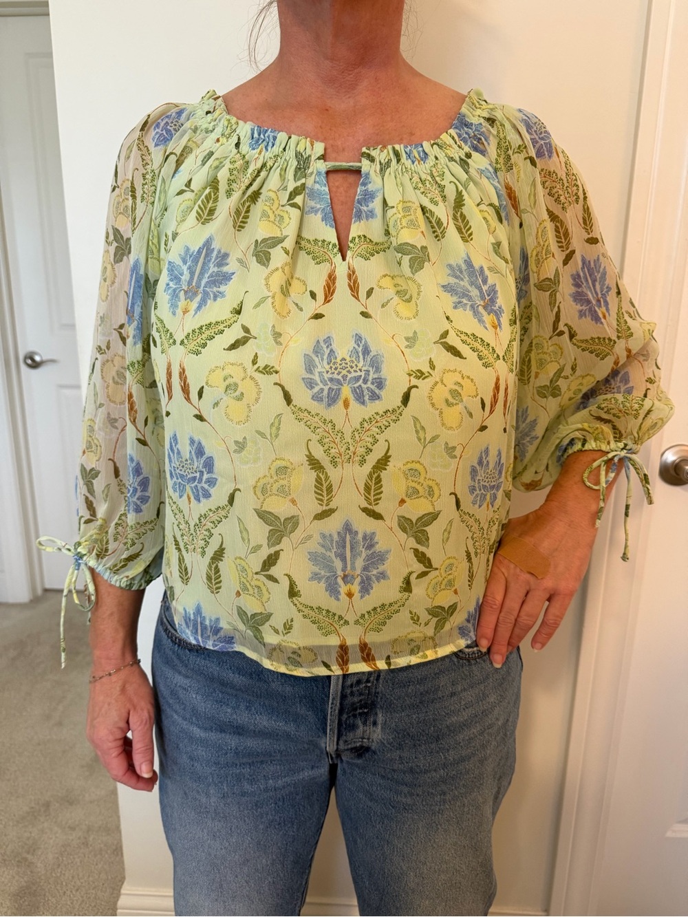 LOFT Light Green Floral Peasant Blouse with Blue Accents